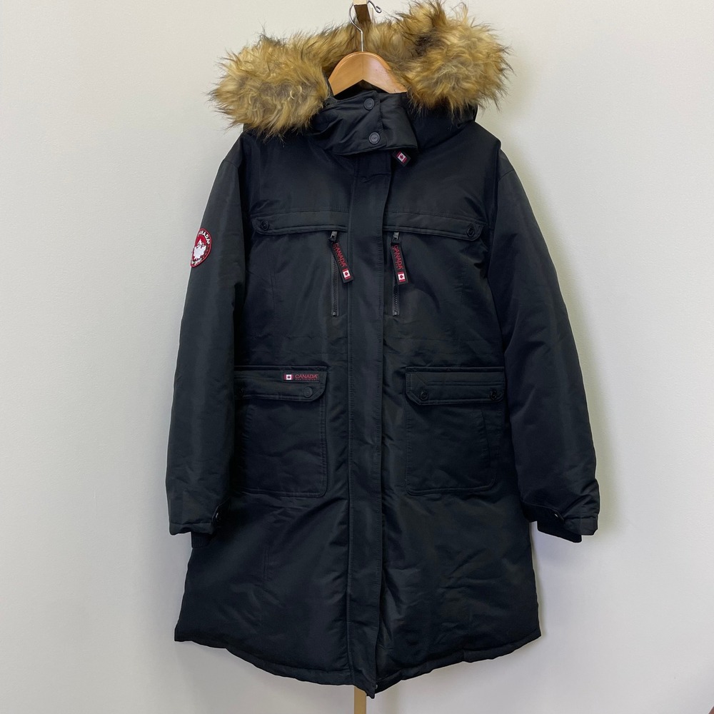 NEW Canada Weathergear Mens Black Faux Fur Trim Hooded Parka Jacket 2X